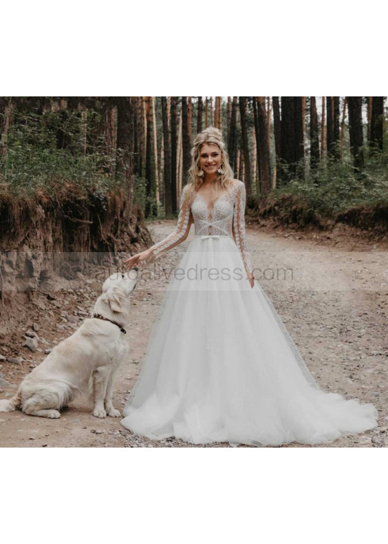 Sheer Long Sleeve Ivory Lace Tulle Boho Wedding Dress